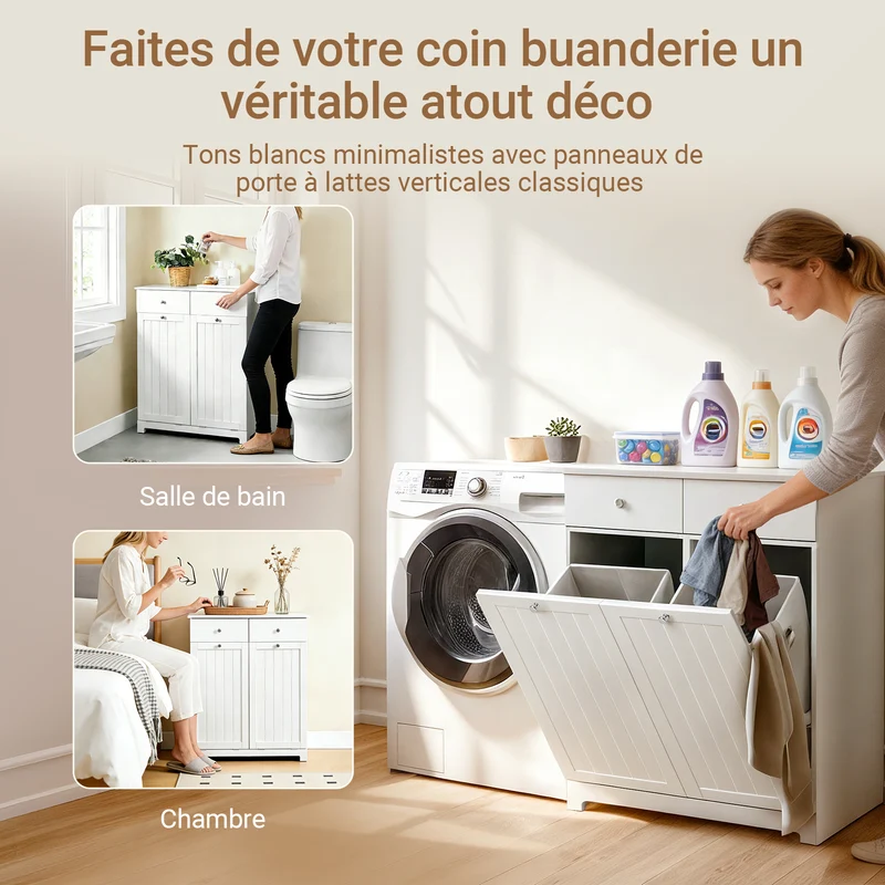 SoBuy BZR33-II-W Meuble Panier à Linge 2 Compartiments 45L – 2 Tiroirs, Gain de Place Salle de Bain, Blanc