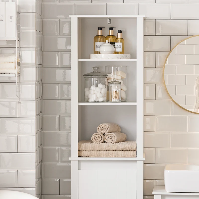 SoBuy BZR102-W Colonne Salle de Bain avec 3 Étagères et Sac à Linge Amovible – L45×P35×H171 cm, Charge 40 kg, Blanc