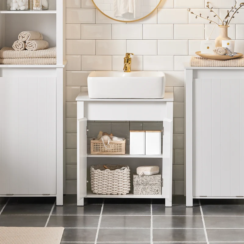 SoBuy BZR101-W Meuble sous Évier Salle de Bain, Meuble Évier de Cuisine avec 2 Portes