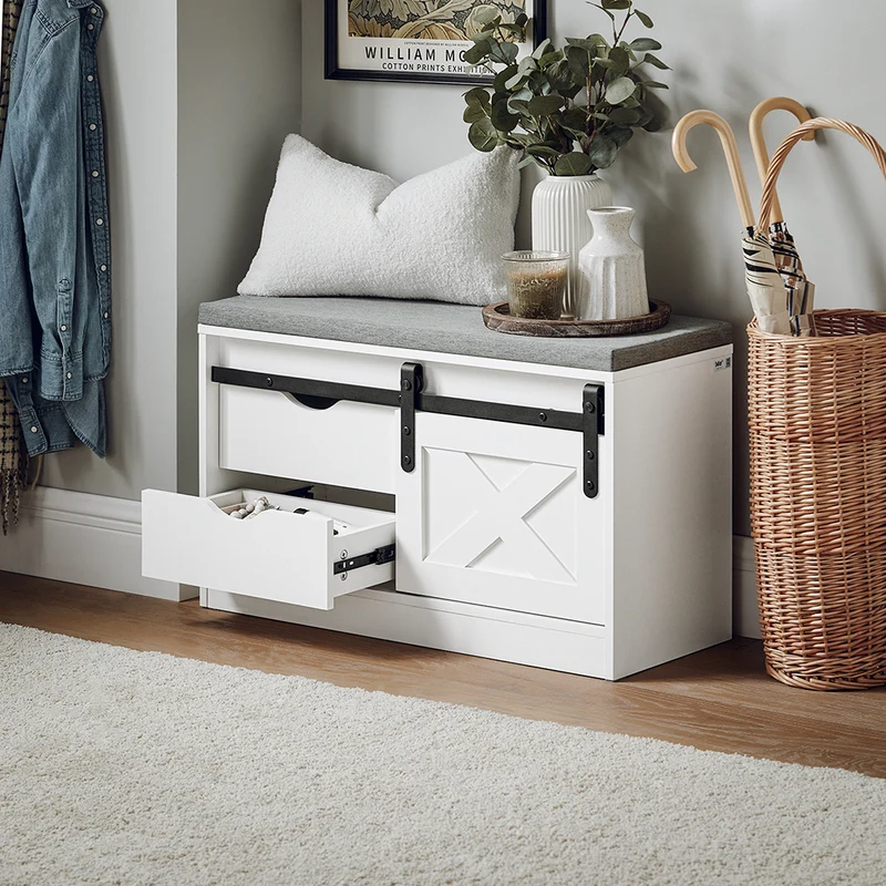 SoBuy FSR153-W Banc à Chaussures avec Coussin Rembourré et Porte de Grange Coulissante pour Entrée – 80x30x49 cm, Blanc
