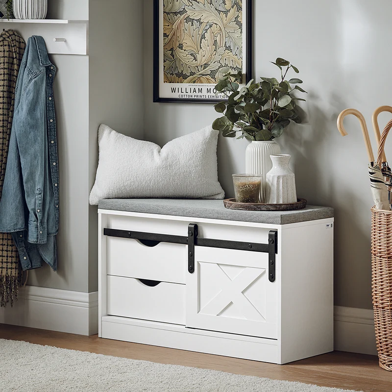 SoBuy FSR153-W Banc à Chaussures avec Coussin Rembourré et Porte de Grange Coulissante pour Entrée – 80x30x49 cm, Blanc