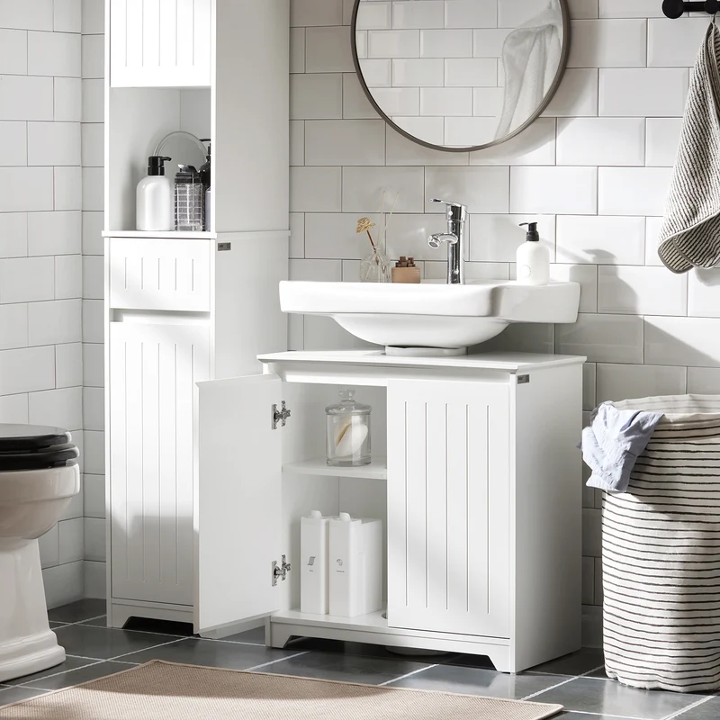 SoBuy BZR108-II-W Meuble sous Colonne Lavabo avec 2 Portes – 60×30×60 cm, Charge 30 kg, MDF E1, Blanc