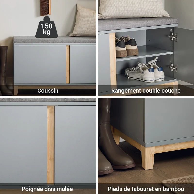 SoBuy FSR117-HG Banc à Chaussures Banc de Rangement Meuble à Chaussures d'Entrée avec Siège Rembourré et 2 Portes