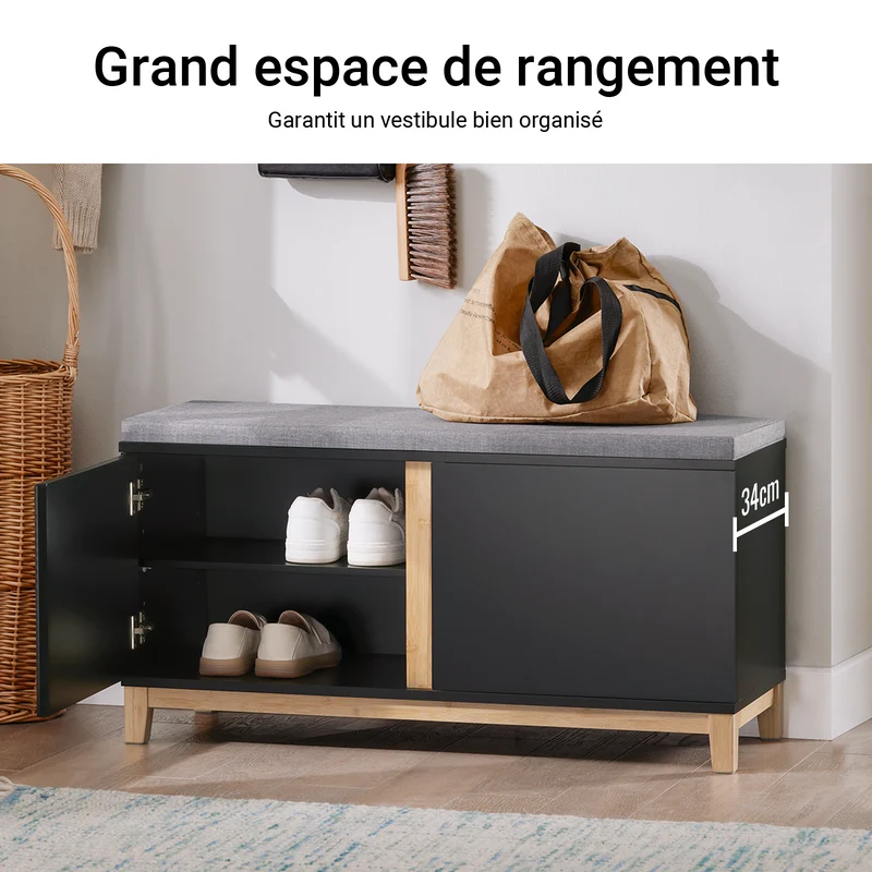 SoBuy FSR117-SCH Banc à Chaussures avec Coussin Rembourré et 2 Portes, Meuble d'Entrée – 90x34x46 cm, Noir
