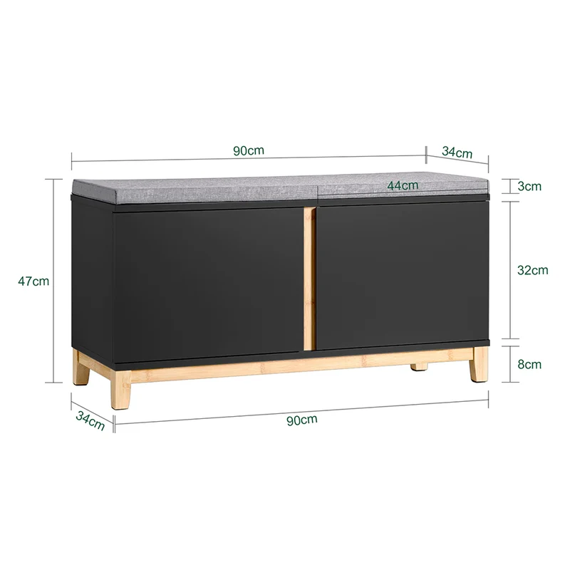 SoBuy FSR117-SCH Banc à Chaussures avec Coussin Rembourré et 2 Portes, Meuble d'Entrée – 90x34x46 cm, Noir