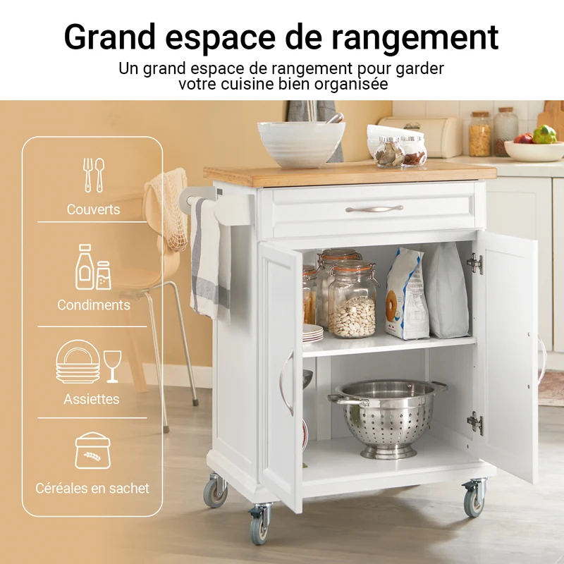 SoBuy FKW13-WN Desserte Cuisine avec Roulettes, Plateau en Bambou, 1 Tiroir et 2 Portes, Mobile, Rangement Optimisé – L66×P45×H91 cm, Bambou, Blanc et Naturel