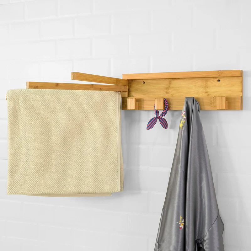 SoBuy FHK11-N Porte-Serviettes Mural en Bambou avec 3 Barres 180° Rotatives et 4 Crochets Sèche