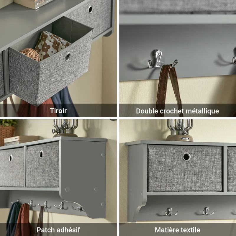 SoBuy FRG282-HG Porte-Manteau Mural avec 5 Crochets et 3 Paniers, pour Entrée et Couloir, Design Fonctionnel, Usage Quotidien – L100×P20×H30 cm, Bois, Gris