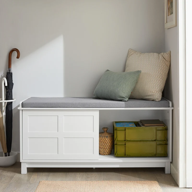 SoBuy FSR86-W Banc à Chaussures avec Coussin Rembourré et 2 Portes, Grande Capacité pour Entrée – 114x40x53 cm, Blanc