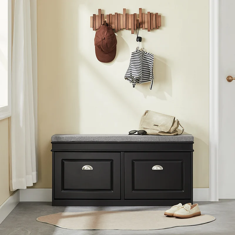 SoBuy FSR64-SCH Banc à Chaussures 2 Abattants avec Coussin Rembourré, Coffre de Rangement pour Entrée – 104x24x51 cm, Noir