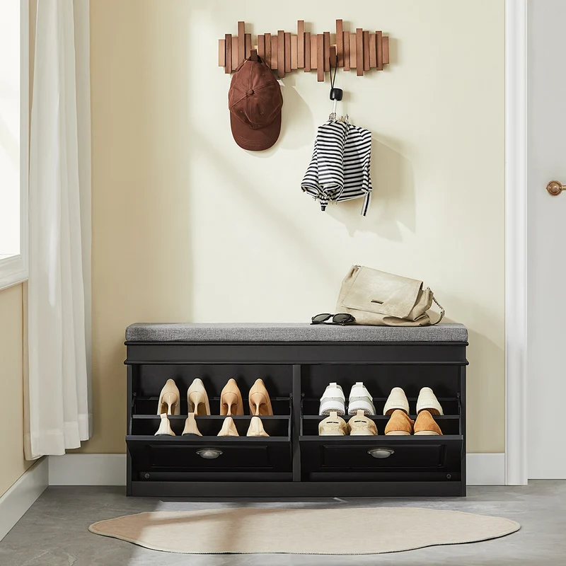 SoBuy FSR64-SCH Banc à Chaussures 2 Abattants avec Coussin Rembourré, Coffre de Rangement pour Entrée – 104x24x51 cm, Noir