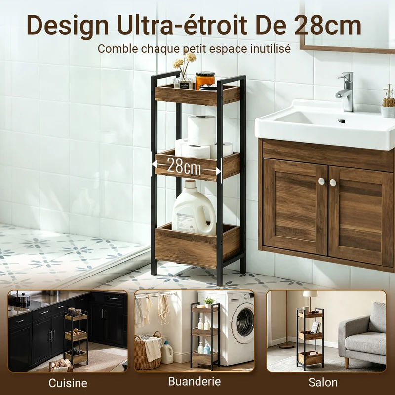 SoBuy FRG226-F Meuble Salle de Bain Rangement avec 3 paniers - Rangement Serviteur de Douche Étagère de Stockage Salle de Bain Petit Meuble WC Rangement 28x20x74 cm