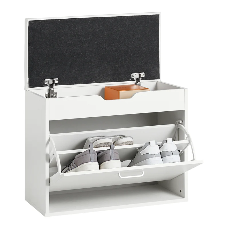 SoBuy FSR95-W Banc à Chaussures avec Coussin Rembourré et 1 Abattant – 8 Paires sur 2 Niveaux, Charge 150 kg, 60×30×50 cm, Blanc