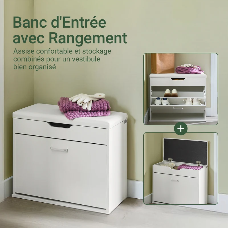 SoBuy FSR95-W Banc à Chaussures avec Coussin Rembourré et 1 Abattant – 8 Paires sur 2 Niveaux, Charge 150 kg, 60×30×50 cm, Blanc
