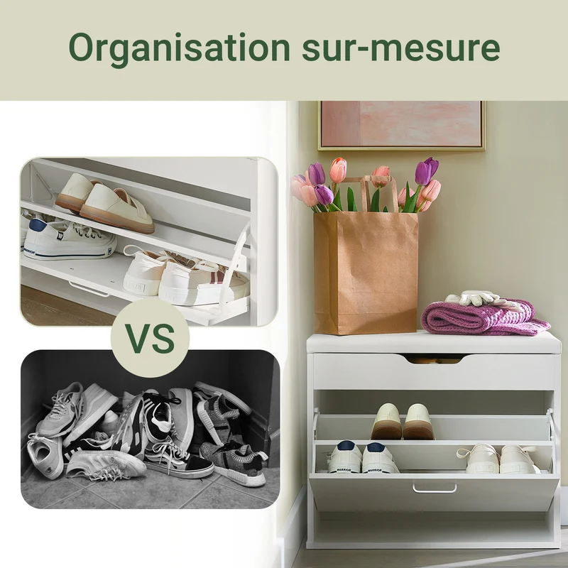 SoBuy FSR95-W Banc à Chaussures avec Coussin Rembourré et 1 Abattant – 8 Paires sur 2 Niveaux, Charge 150 kg, 60×30×50 cm, Blanc