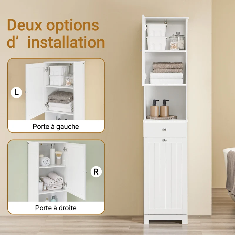 SoBuy BZR216-W Colonne de Salle de Bain avec Panier à Linge 45 L, Tiroir, Étagère Réglable et Porte Réversible – Charge 34 kg – 40×38×180 cm, Blanc