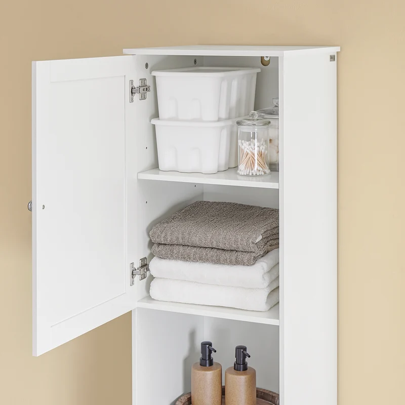 SoBuy BZR216-W Colonne de Salle de Bain avec Panier à Linge 45 L, Tiroir, Étagère Réglable et Porte Réversible – Charge 34 kg – 40×38×180 cm, Blanc