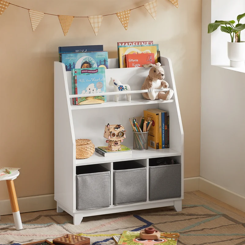 SoBuy KMB34-W Bibliothèque Étagère à Livres Étagère de Rangement Jouets pour Enfants Porte-revues avec Compartiments de Rangement et 3 Paniers 63x28x80 cm