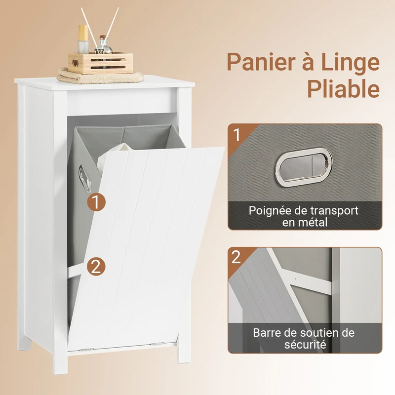 SoBuy BZR100-W Armoire à Linge avec Panier Rabattable et Sac Amovible à Poignées – L45×P35×H85,5 cm, Charge 15 kg, MDF E1, Blanc