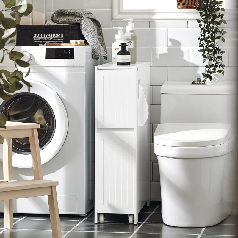 SoBuy BZR111-W Meuble WC Étroit 20 cm sur Roulettes – Rangement Papier Toilette, 2 Tiroirs, Blanc