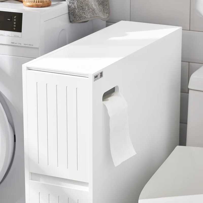 SoBuy BZR111-W Meuble WC Étroit 20 cm sur Roulettes – Rangement Papier Toilette, 2 Tiroirs, Blanc
