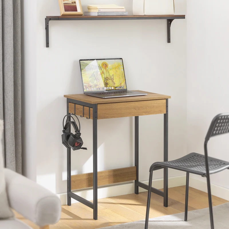 SoBuy FWT43-N Petit Bureau avec 1 Tiroir et 2 Crochets Bureau Gaming avec Etagères de Rangement Desk Multifonctionnel pour Chambre Table Gaming Naturel 60x40x77cm