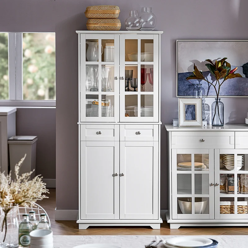 SoBuy FSB76-W Buffet Haut avec 2 Portes Vitrées, 2 Portes et 2 Tiroirs – L75×P40×H175 cm, Charge 100 kg, MDF E1, Blanc