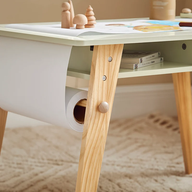 SoBuy KMB92-GR Ensemble Table d’Enfant + 2 Tabourets, Set de 3 Pièces Table à Dessin avec 1 Porte-Rouleau de Papier et 2 Compartiments Ouverts