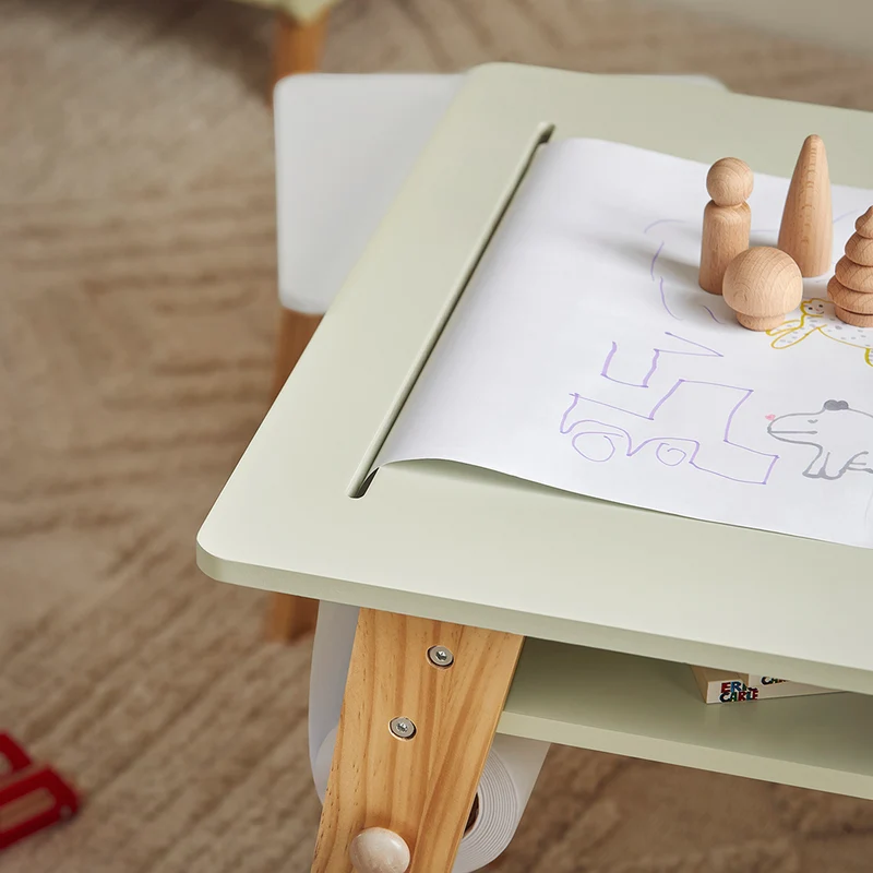 SoBuy KMB92-GR Ensemble Table d’Enfant + 2 Tabourets, Set de 3 Pièces Table à Dessin avec 1 Porte-Rouleau de Papier et 2 Compartiments Ouverts