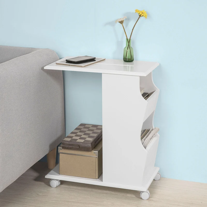 SoBuy FBT67-W Table d’Appoint Bout de Canapé Moderne roulante avec 2 Compartiments de Rangement