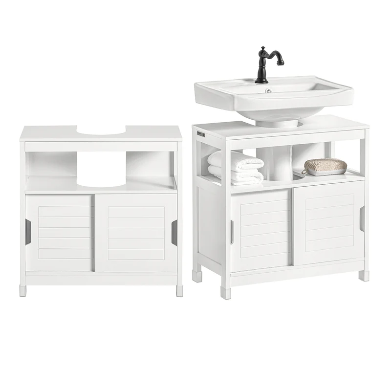 SoBuy FRG128-II-W Meuble sous Vasque – Découpe U Ajustable, 2 Portes Coulissantes, 60×30×60 cm, Blanc
