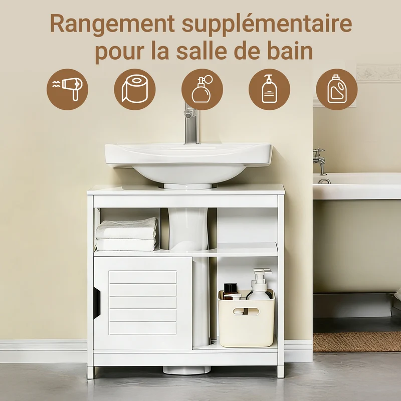 SoBuy FRG128-II-W Meuble sous Vasque – Découpe U Ajustable, 2 Portes Coulissantes, 60×30×60 cm, Blanc