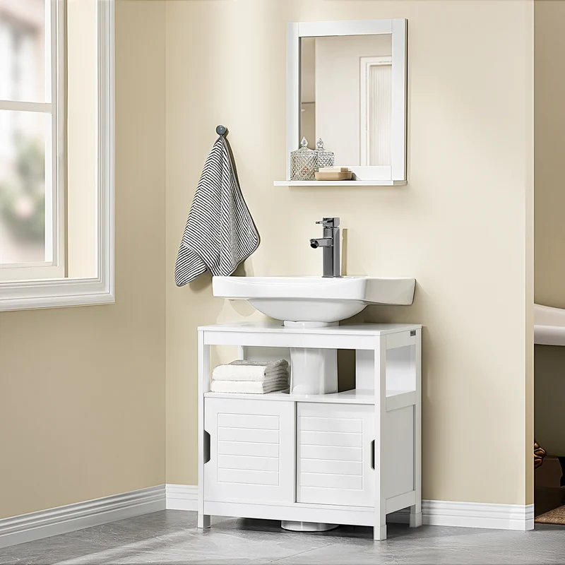 SoBuy FRG128-II-W Meuble sous Vasque – Découpe U Ajustable, 2 Portes Coulissantes, 60×30×60 cm, Blanc