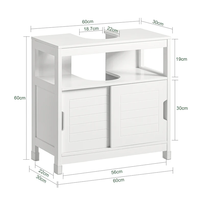 SoBuy FRG128-II-W Meuble sous Vasque – Découpe U Ajustable, 2 Portes Coulissantes, 60×30×60 cm, Blanc