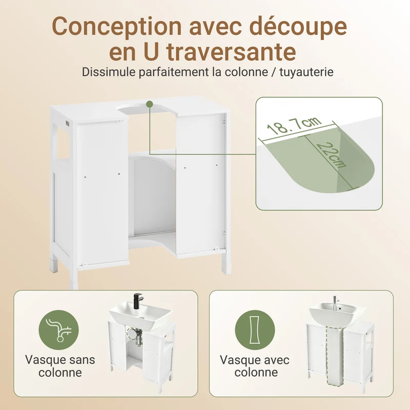 SoBuy FRG128-II-W Meuble sous Vasque – Découpe U Ajustable, 2 Portes Coulissantes, 60×30×60 cm, Blanc