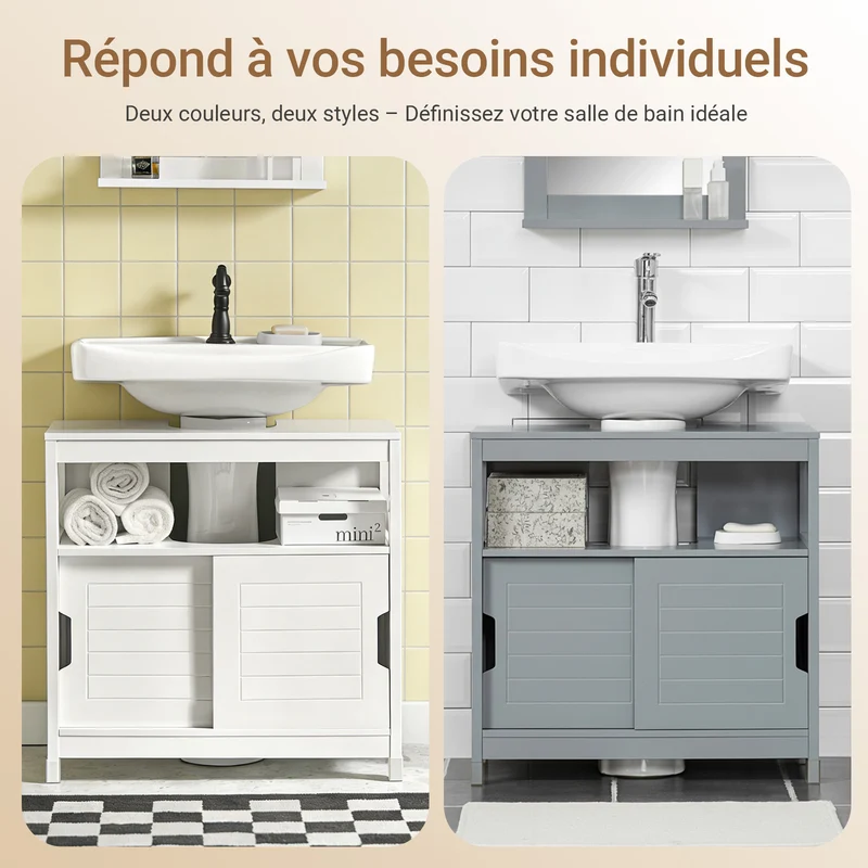 SoBuy FRG128-II-W Meuble sous Vasque – Découpe U Ajustable, 2 Portes Coulissantes, 60×30×60 cm, Blanc