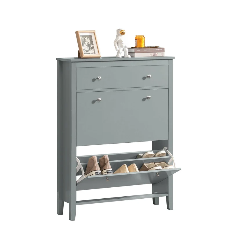 SoBuy FSR89-HG Armoire à Chaussures 2 Abattants avec Tiroir, Slim 25 cm, 12 Paires – 80x25x108 cm, Gris