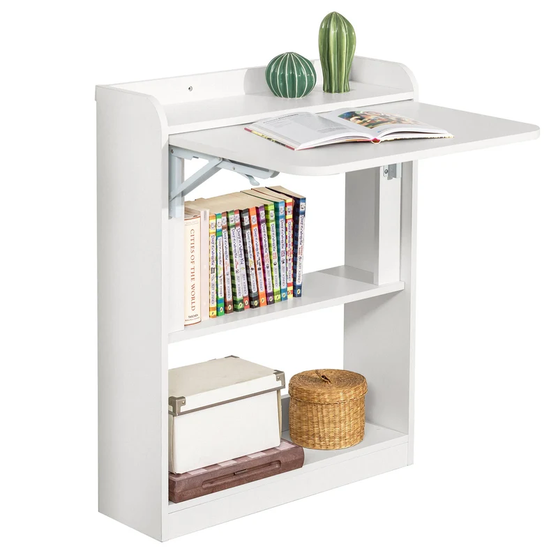 SoBuy FWT92-W Bureau Gaming Bureau avec Rangement Table Pliable d'Ordinateur Rabattable Table Gaming Desk Multifonctionnel avec Etagères de Rangement Blanc 64x58x82cm