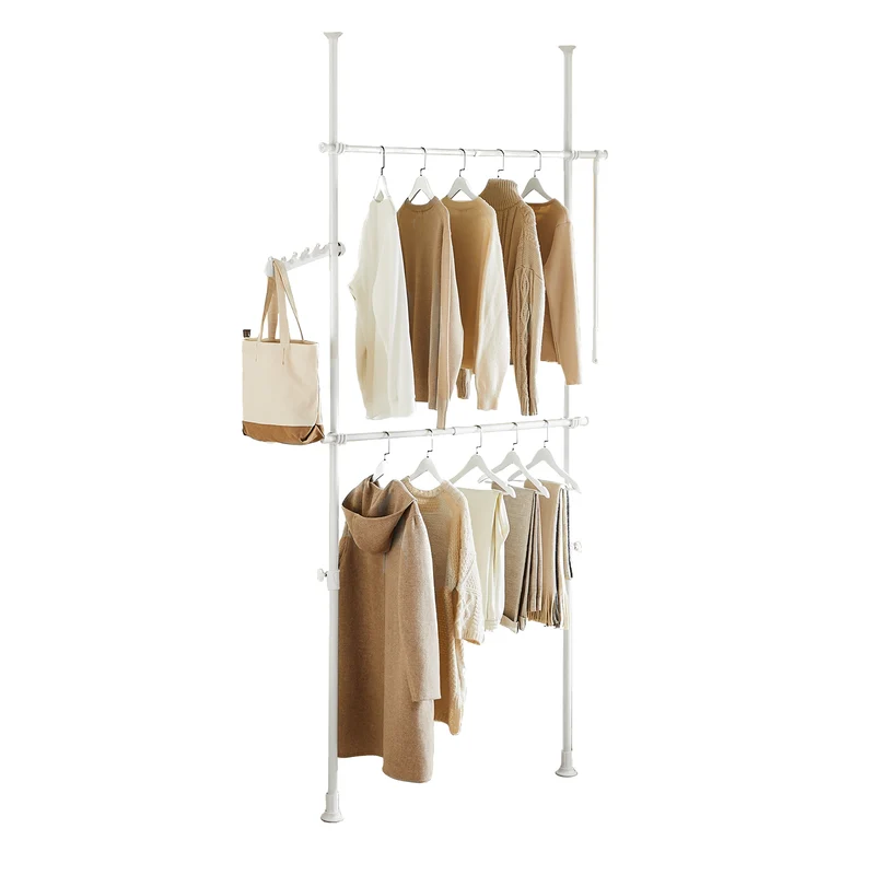 SoBuy FRG109-II-W Tringle à Vêtements Télescopique, Portant à Vêtements Robuste, Penderie Ouverte Réglable avec Barres de Suspension pour Chambre, Dressing, Blanc
