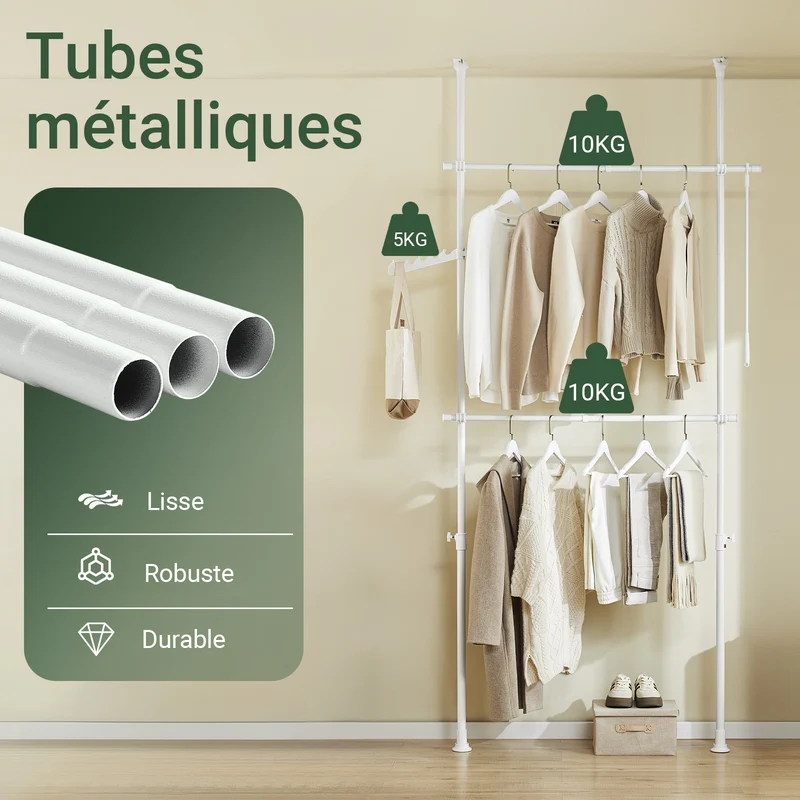 SoBuy FRG109-II-W Tringle à Vêtements Télescopique, Portant à Vêtements Robuste, Penderie Ouverte Réglable avec Barres de Suspension pour Chambre, Dressing, Blanc