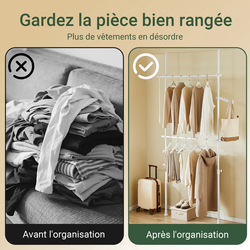 SoBuy FRG109-II-W Tringle à Vêtements Télescopique, Portant à Vêtements Robuste, Penderie Ouverte Réglable avec Barres de Suspension pour Chambre, Dressing, Blanc