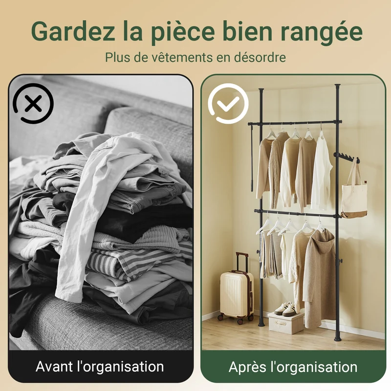 SoBuy FRG109-II-SCH Tringle à Vêtements Télescopique, Portant à Vêtements Robuste, Penderie Ouverte Réglable avec Barres de Suspension pour Chambre, Dressing, Noir