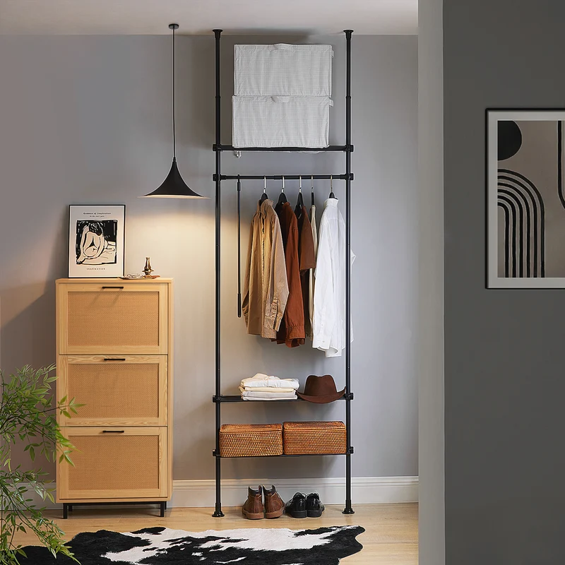 SoBuy KLS07-SCH Portant à vêtements télescopique solide - Penderie ouverte réglable avec tringles et étagères, Porte manteau pour chambre/dressing, Noir