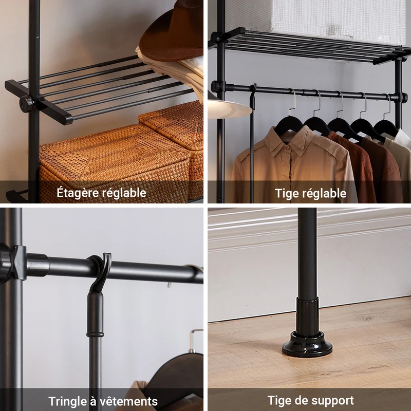 SoBuy KLS07-SCH Portant à vêtements télescopique solide - Penderie ouverte réglable avec tringles et étagères, Porte manteau pour chambre/dressing, Noir