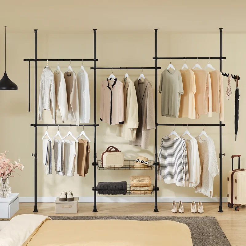 SoBuy KLS04-II-SCH Portant à vêtements télescopique solide - Penderie ouverte réglable avec tringles et étagères, Porte manteau pour chambre/dressing, Noir