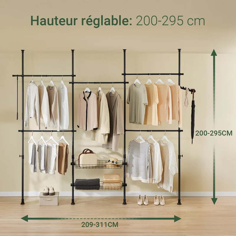 SoBuy KLS04-II-SCH Portant à vêtements télescopique solide - Penderie ouverte réglable avec tringles et étagères, Porte manteau pour chambre/dressing, Noir