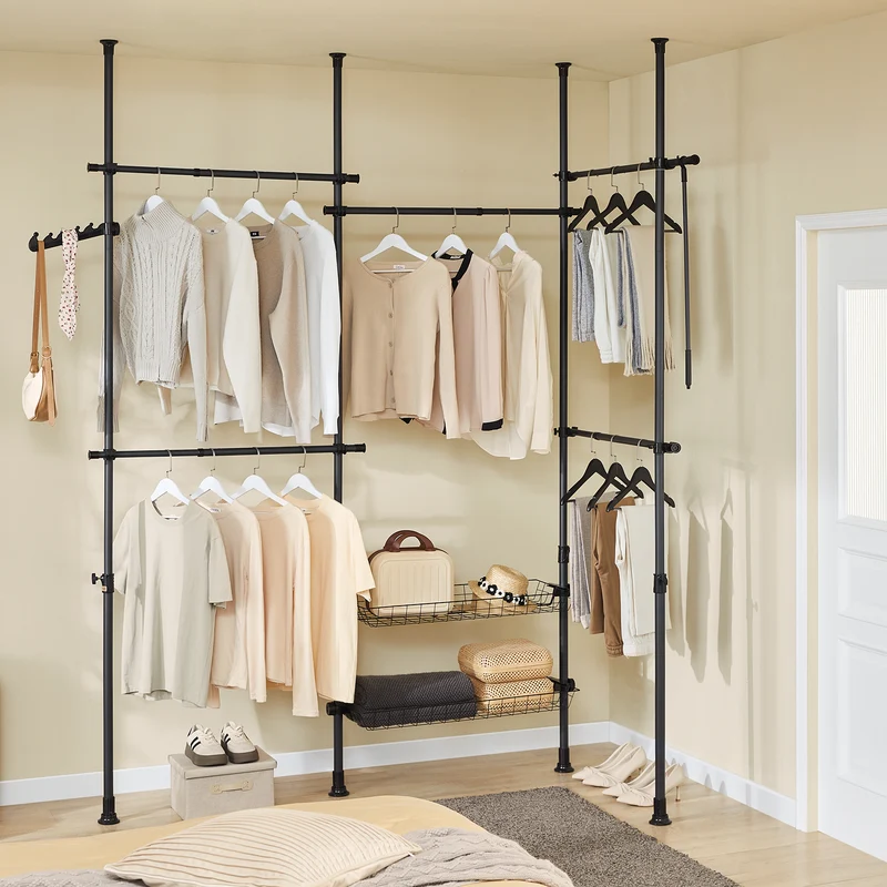SoBuy KLS04-II-SCH Portant à vêtements télescopique solide - Penderie ouverte réglable avec tringles et étagères, Porte manteau pour chambre/dressing, Noir