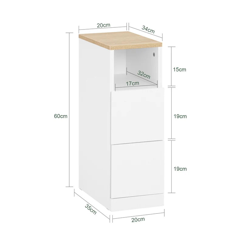 SoBuy FBT149-WN Table de Chevet Étroit 20 cm, 2 Tiroirs et Étagère – Table de Nuit Slim Gain de Place, Blanc Naturel