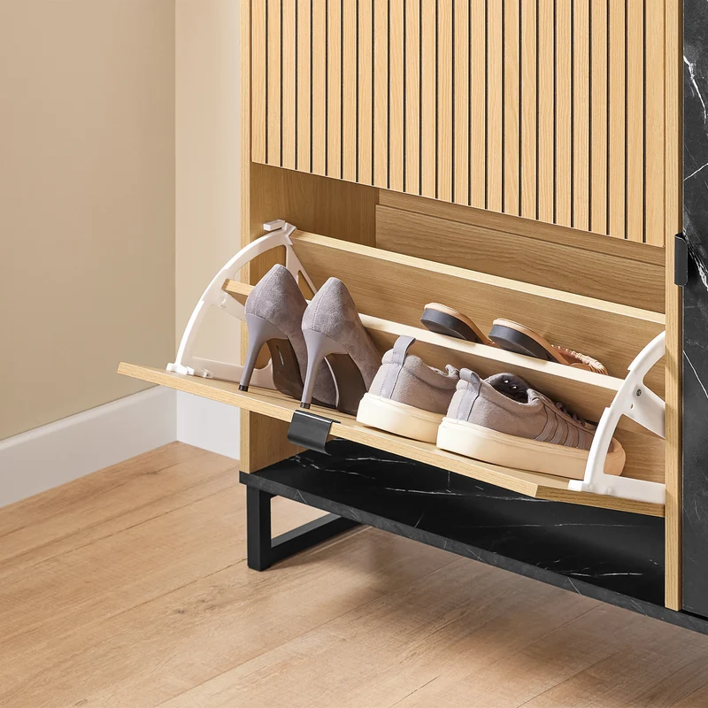 SoBuy FSR203-N Armoire à Chaussures avec 2 Abattants et Porte Latérale – L90×P24×H88 cm, 8 Paires, Charge 60 kg, Style Nordique, Naturel et Noir