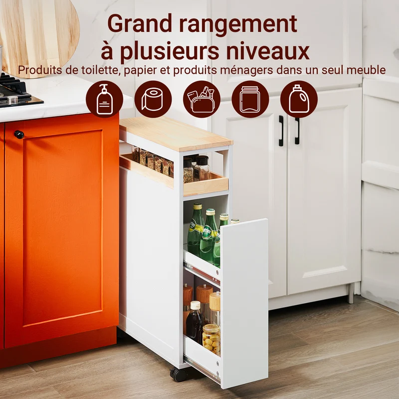 SoBuy NSR11-WN Chariot de Cuisine à Roulettes Slim 20 cm, Plan de Travail Bois, Tiroir 2 Niveaux, 4 Roulettes – L20 × P51 × H79 cm